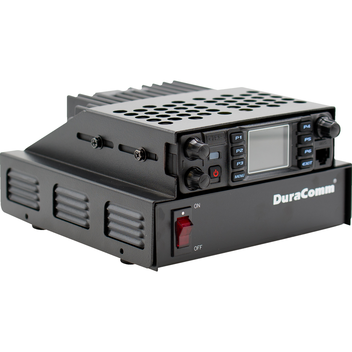 A black LPH-KEN/S Hood power supply unit is shown with a ventilated metal exterior, perfect for pairing with the AnyTone AT-D578UVIII PLUS Tri-Band Amateur DMR Mobile Radio. It has a small digital display with buttons labeled P1 to P5 and Menu. A red on/off switch is visible on the front panel, with "DuraComm" branded on it.