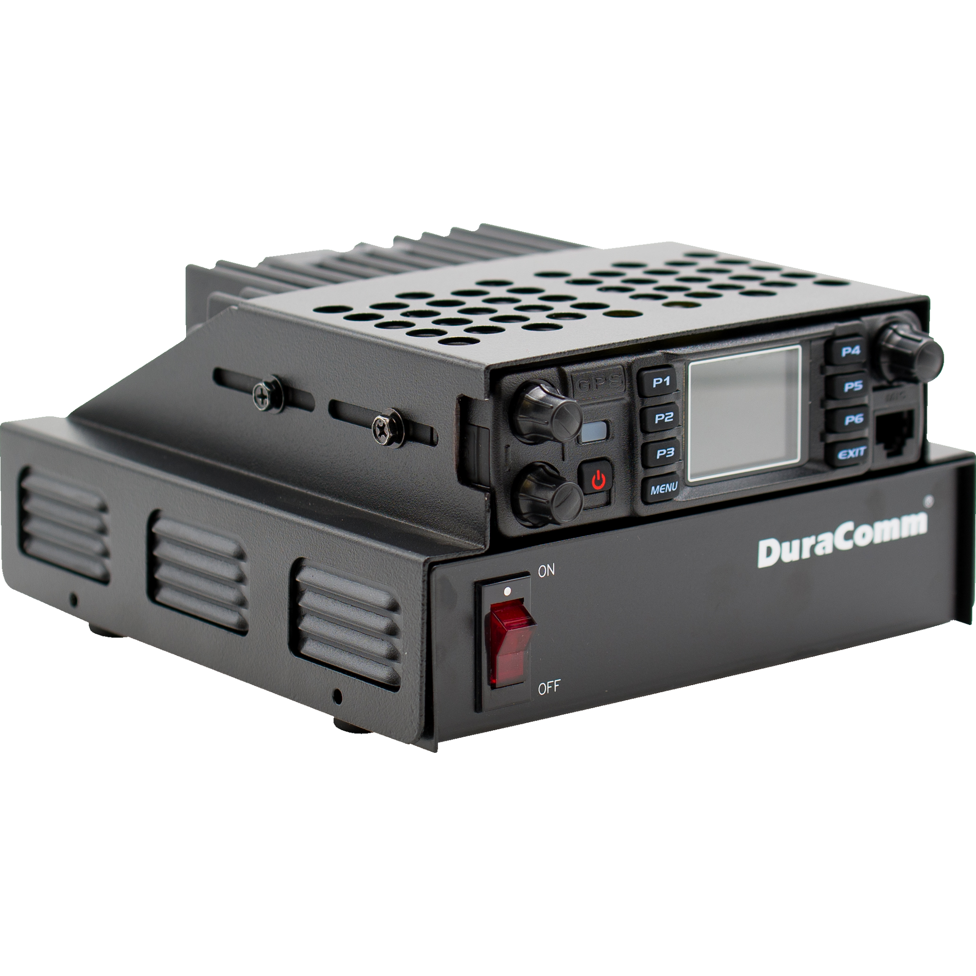 A black LPH-KEN/S Hood power supply unit is shown with a ventilated metal exterior, perfect for pairing with the AnyTone AT-D578UVIII PLUS Tri-Band Amateur DMR Mobile Radio. It has a small digital display with buttons labeled P1 to P5 and Menu. A red on/off switch is visible on the front panel, with "DuraComm" branded on it.