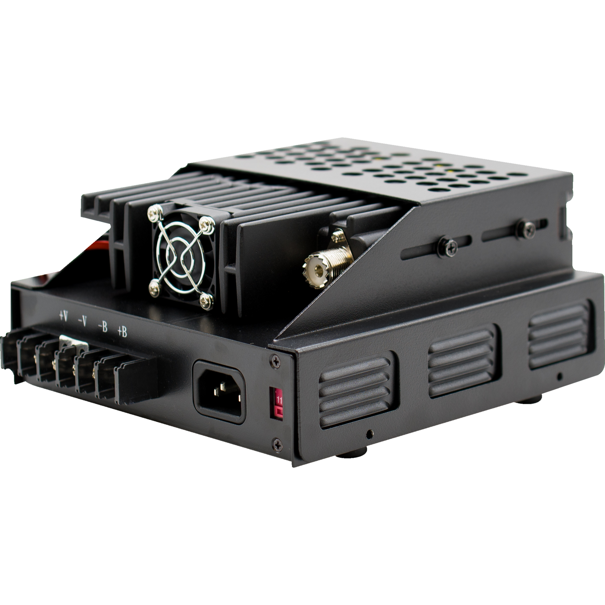 A black electronic device with a sturdy metal casing, featuring a small cooling fan, power connectors, ventilation slits, and various input/output ports. The device appears to be designed for technical or industrial use, likely for power distribution or control systems. It closely resembles the robust design needed for radio mounting like the LPH-KEN/S Hood.