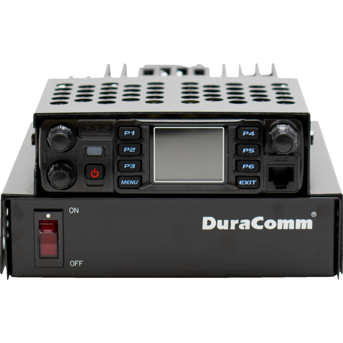 A black LPH-KEN/S Hood, akin to the AnyTone AT-D578UVIII PLUS communication device, features multiple buttons, a small display screen, and a control knob. Encased in metal with an "On" and "Off" power switch on the left side, this versatile unit easily fits into any radio mounting setup. The brand name "DuraComm" is visible on the front panel.