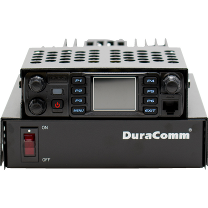 A black LPH-KEN/S Hood, akin to the AnyTone AT-D578UVIII PLUS communication device, features multiple buttons, a small display screen, and a control knob. Encased in metal with an "On" and "Off" power switch on the left side, this versatile unit easily fits into any radio mounting setup. The brand name "DuraComm" is visible on the front panel.