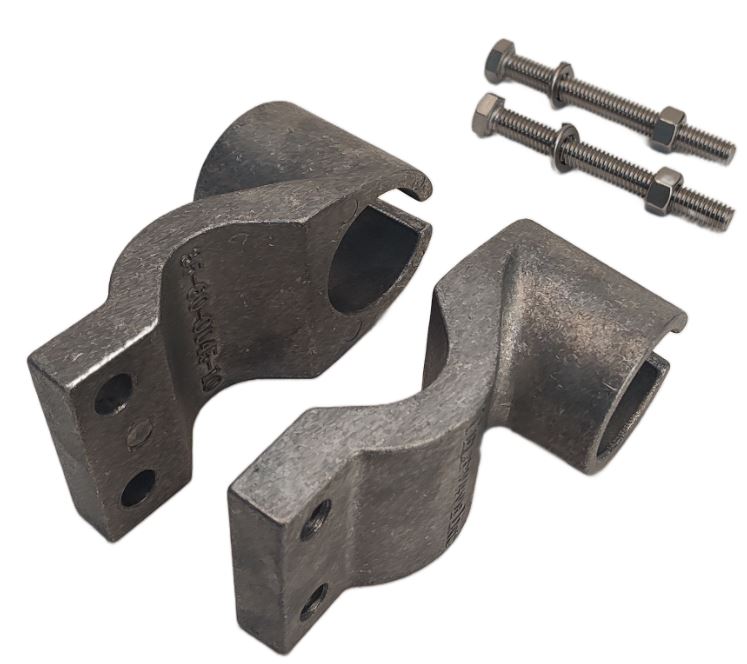 The Dipole Antenna Clamp Kit, shown on a white background, includes two metal bracket clamps with cylindrical openings and two sets of bolts and nuts—perfect for securing an EMR Dipole antenna or use as antenna accessories.
