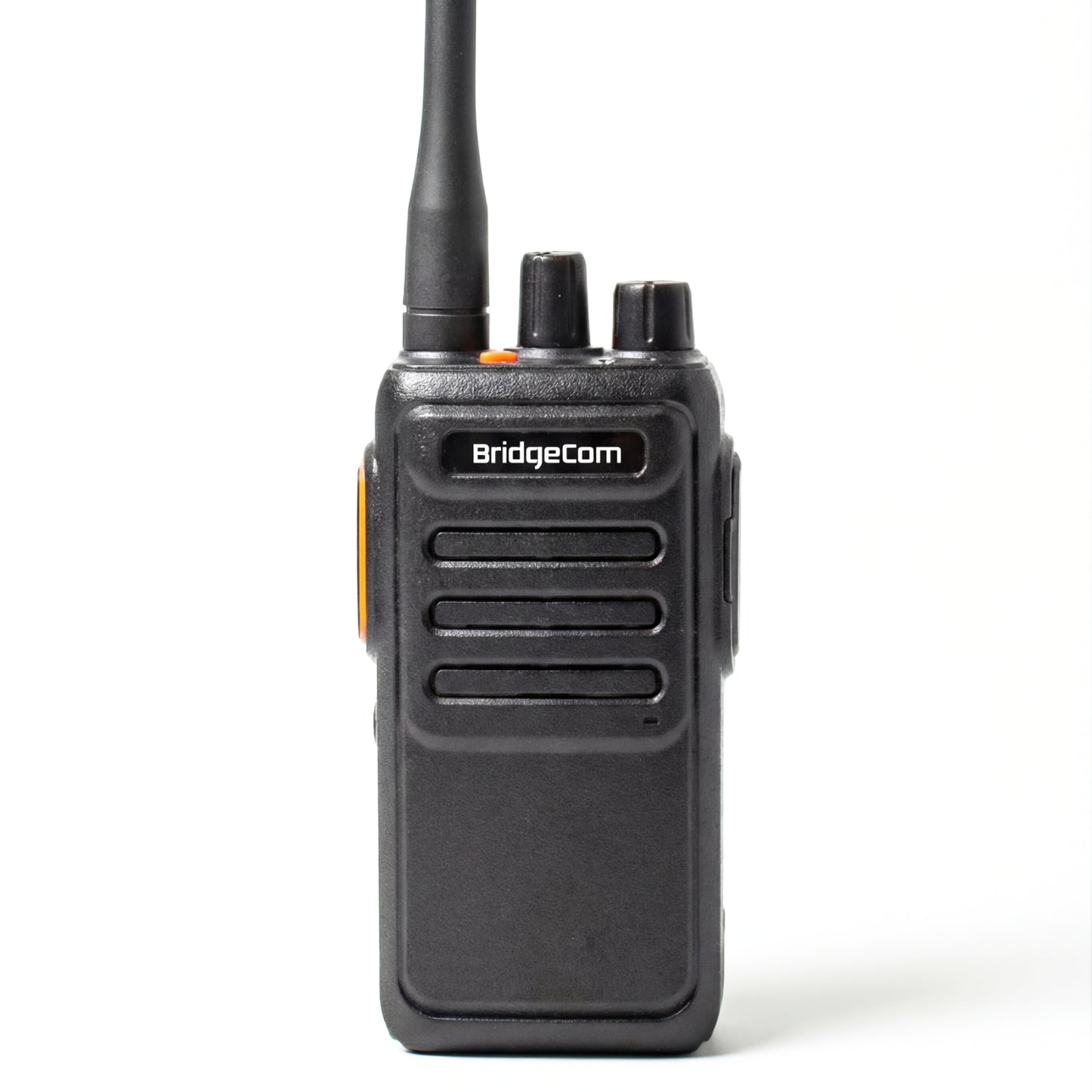 The Echo GMRS Radio stands upright against a white background, featuring an antenna, buttons, and a ridged front panel—ideal for long-range communication.