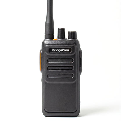The Echo GMRS Radio stands upright against a white background, featuring an antenna, buttons, and a ridged front panel—ideal for long-range communication.