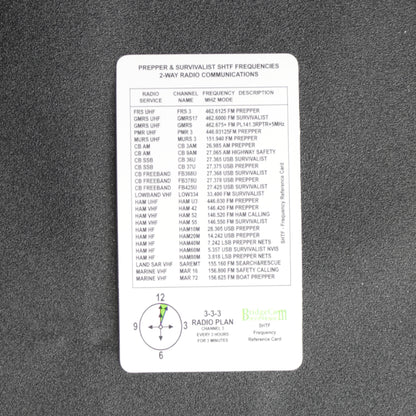 small card with emergency and other useful frequency's on it