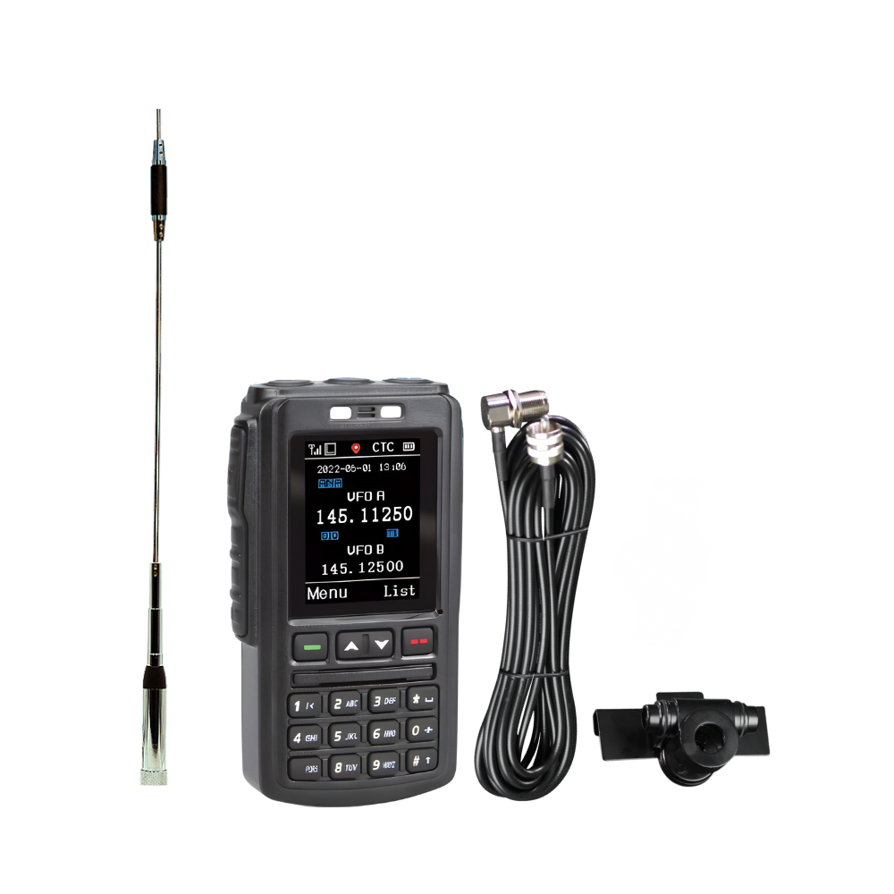 The AnyTone AT-D578UVIII Plus Mobile Deal includes a handheld radio transceiver with display, keypad, external antenna, long black cable with connectors, Bluetooth Speaker Mic, and mounting clip—perfect DMR Mobile accessories.