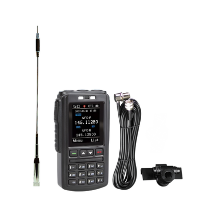 The AnyTone AT-D578UVIII Plus Mobile Deal includes a handheld radio transceiver with display, keypad, external antenna, long black cable with connectors, Bluetooth Speaker Mic, and mounting clip—perfect DMR Mobile accessories.