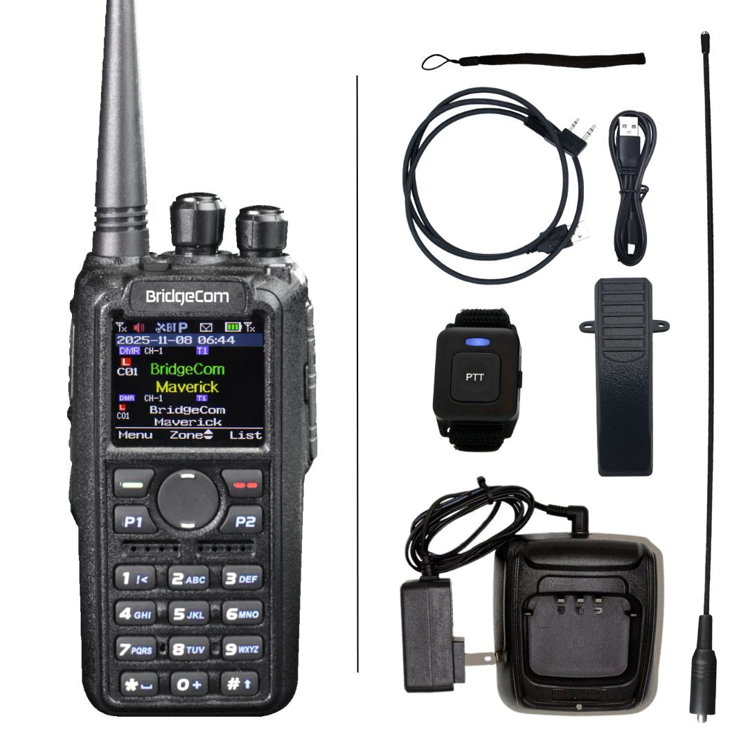 The Commercial Maverick Dual Band DMR/Analog 7W VHF, 6W UHF Radio features a display, keypad, charging cable, wrist strap, antenna, clip, power adapter, and Push-to-Talk wristband—ideal for emergency response communications.