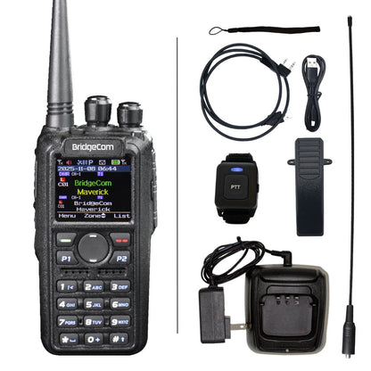 The Commercial Maverick Dual Band DMR/Analog 7W VHF, 6W UHF Radio features a display, keypad, charging cable, wrist strap, antenna, clip, power adapter, and Push-to-Talk wristband—ideal for emergency response communications.