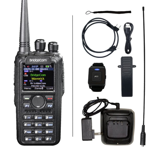 The Commercial Maverick Dual Band DMR/Analog 7W VHF, 6W UHF Radio features a display, keypad, charging cable, wrist strap, antenna, clip, power adapter, and Push-to-Talk wristband—ideal for emergency response communications.