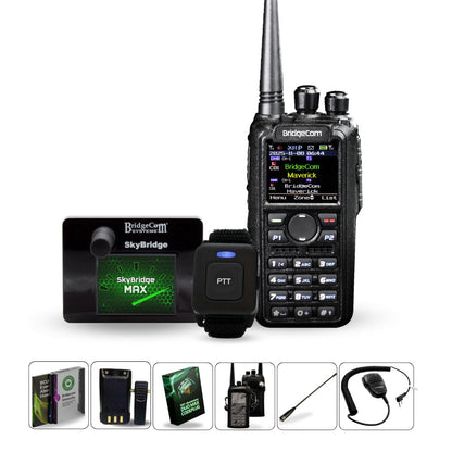 The BridgeCom Maverick DMR Plug and Play Package includes a pre-programmed DMR radio with antenna, SkyBridge MAX digital display, wrist PTT button, case, cords, manual, and speaker mic.
