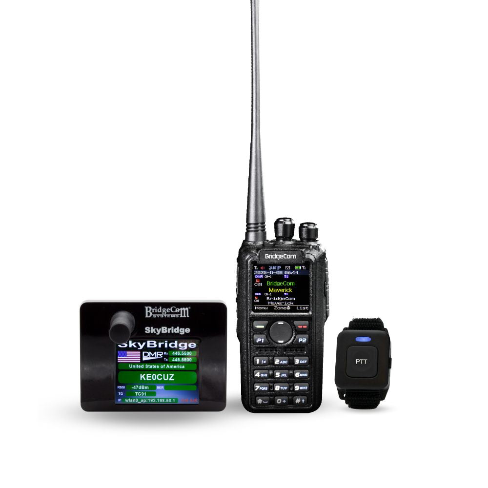 The BridgeCom Maverick DMR Plug and Play Package features a handheld radio with antenna, a SkyBridge digital device, and a wrist-worn Push-To-Talk button—delivering a ready-to-use pre-programmed DMR radio system.