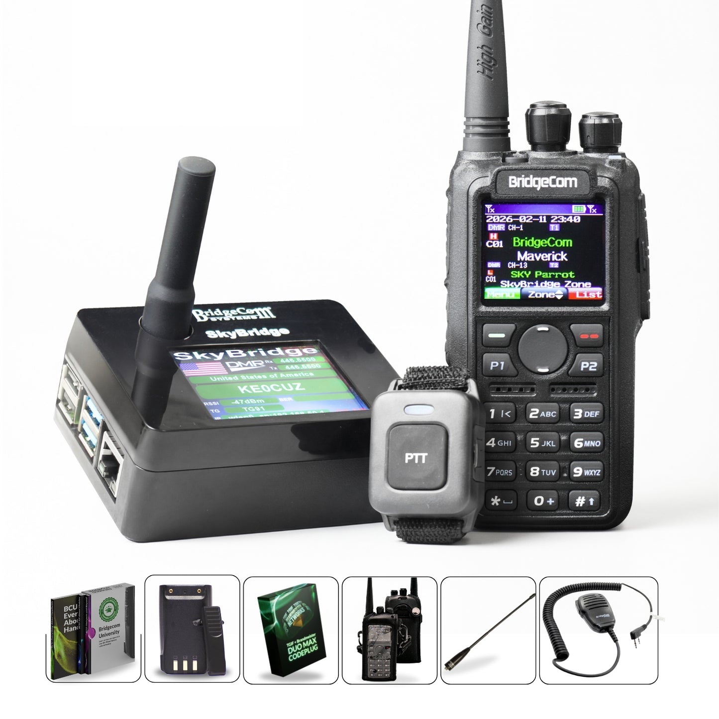 The BridgeCom Maverick DMR Plug and Play Package includes a pre-programmed DMR radio with antenna, SkyBridge MAX digital display, wrist PTT button, case, cords, manual, and speaker mic.