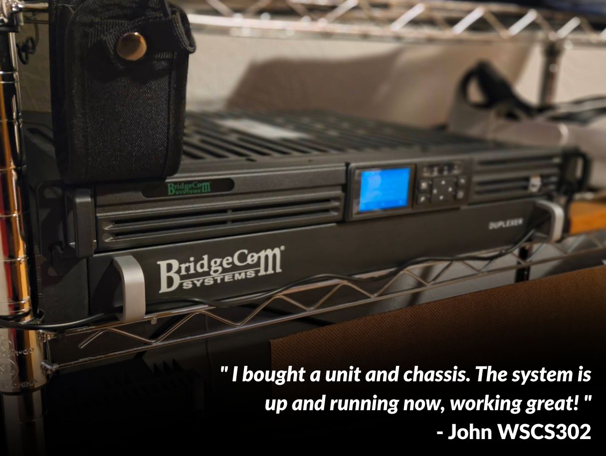 A BCR-GMRS (UHF) Analog GMRS Repeater sits on a metal shelf, its small screen labeled “DUPLEXER.” A black pouch hangs nearby. In the lower-right corner, a customer testimonial from John WSCS302 is displayed.