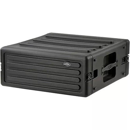 The 4U Rack Case is a durable black polyethylene storage case designed with ribbed detailing on the top and sides. It features reinforced edges, carrying handles on each side, and secure latches for closure. Its rugged design makes it ideal for heavy-duty use and protection.