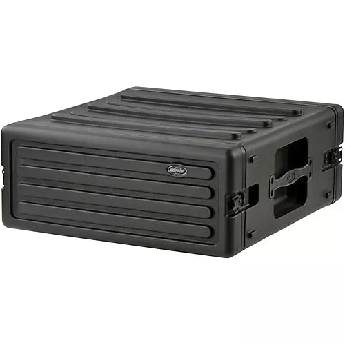 The 4U Rack Case is a durable black polyethylene storage case designed with ribbed detailing on the top and sides. It features reinforced edges, carrying handles on each side, and secure latches for closure. Its rugged design makes it ideal for heavy-duty use and protection.