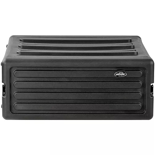 Image of the 4U Rack Case, a black, rectangular, hard-shell case with grooves on the top and sides made from durable polyethylene. There is a small, round, silver logo on the front center-right side. The case features secure TSA latches for added safety while traveling.
