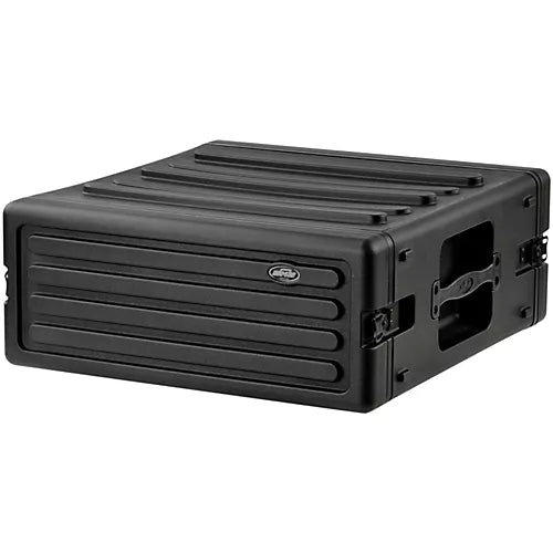 The 4U Rack Case is a black, rectangular storage solution featuring a ribbed exterior design with TSA latches on the sides and convenient carrying handles. Made from durable polyethylene, this case is structured and reliable, making it perfect for transporting or safeguarding equipment.