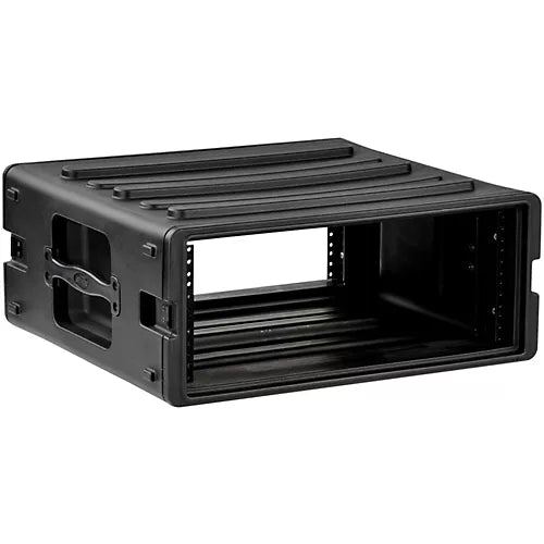 The 4U Rack Case is a black, open-front rack mount case designed to house electronic equipment. It features horizontal grooves on the top, integrated handles on the sides, and is crafted from durable polyethylene. The interior includes mounting rails for securing devices.