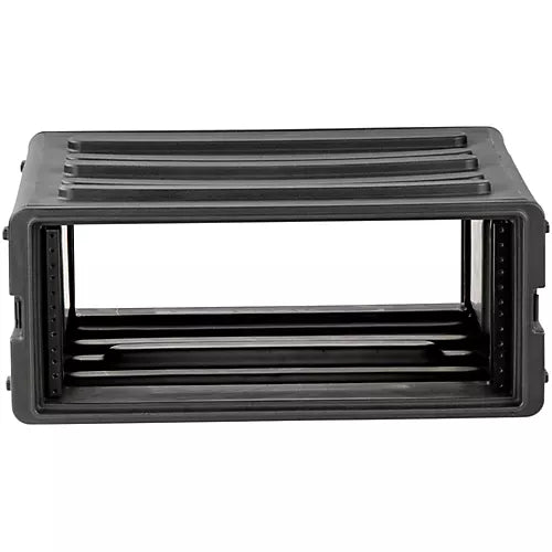 The 4U Rack Case is a black, rectangular storage crate made of durable polyethylene with open sides and a flattened top featuring horizontal ridges. It boasts robust construction and can be stacked or used for organizing various items.
