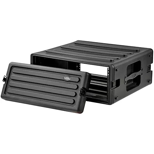 The 4U Rack Case in black, constructed from rugged polyethylene, is displayed. Designed with ribbed surfaces for enhanced durability and side carrying handles, the case features TSA latches ensuring secure closure. The detachable front panel is shown leaning against the case, exposing the interior and rack rails.