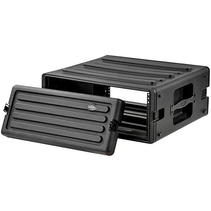 The 4U Rack Case in black, constructed from rugged polyethylene, is displayed. Designed with ribbed surfaces for enhanced durability and side carrying handles, the case features TSA latches ensuring secure closure. The detachable front panel is shown leaning against the case, exposing the interior and rack rails.