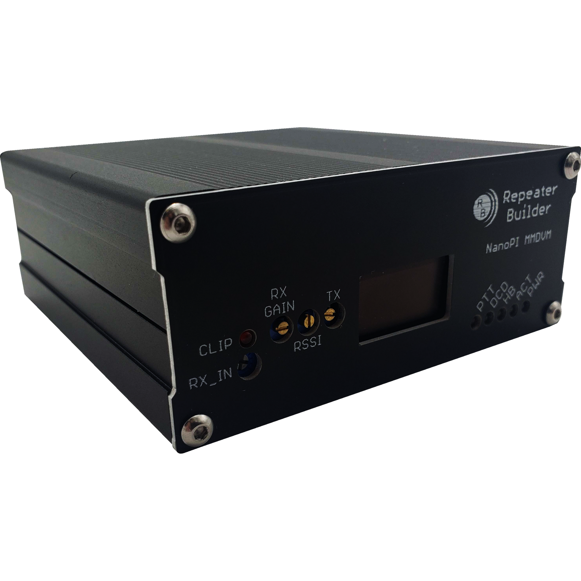 A black MMDVM Assembly for BCR Repeaters with a brushed metal finish, featuring a small display and labeled ports including RX IN, CLIP, RX GAIN, TX, and RSSI. Powered by the Allwinner H3 CPU, the device prominently displays the brand name "Repeater Builder" on its surface.