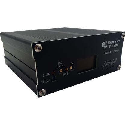 A black MMDVM Assembly for BCR Repeaters with a brushed metal finish, featuring a small display and labeled ports including RX IN, CLIP, RX GAIN, TX, and RSSI. Powered by the Allwinner H3 CPU, the device prominently displays the brand name "Repeater Builder" on its surface.