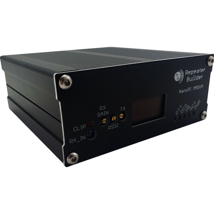 A black MMDVM Assembly for BCR Repeaters with a brushed metal finish, featuring a small display and labeled ports including RX IN, CLIP, RX GAIN, TX, and RSSI. Powered by the Allwinner H3 CPU, the device prominently displays the brand name "Repeater Builder" on its surface.