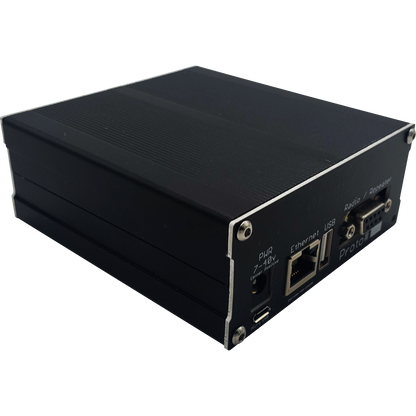 A black rectangular electronic device with ports labeled "Ethernet," "USB," and "Radio-Telco" on the front panel. The device, known as the MMDVM Assembly for BCR Repeaters, has ribbed sides and a compact design. The label "Proton" is partially visible on the front.