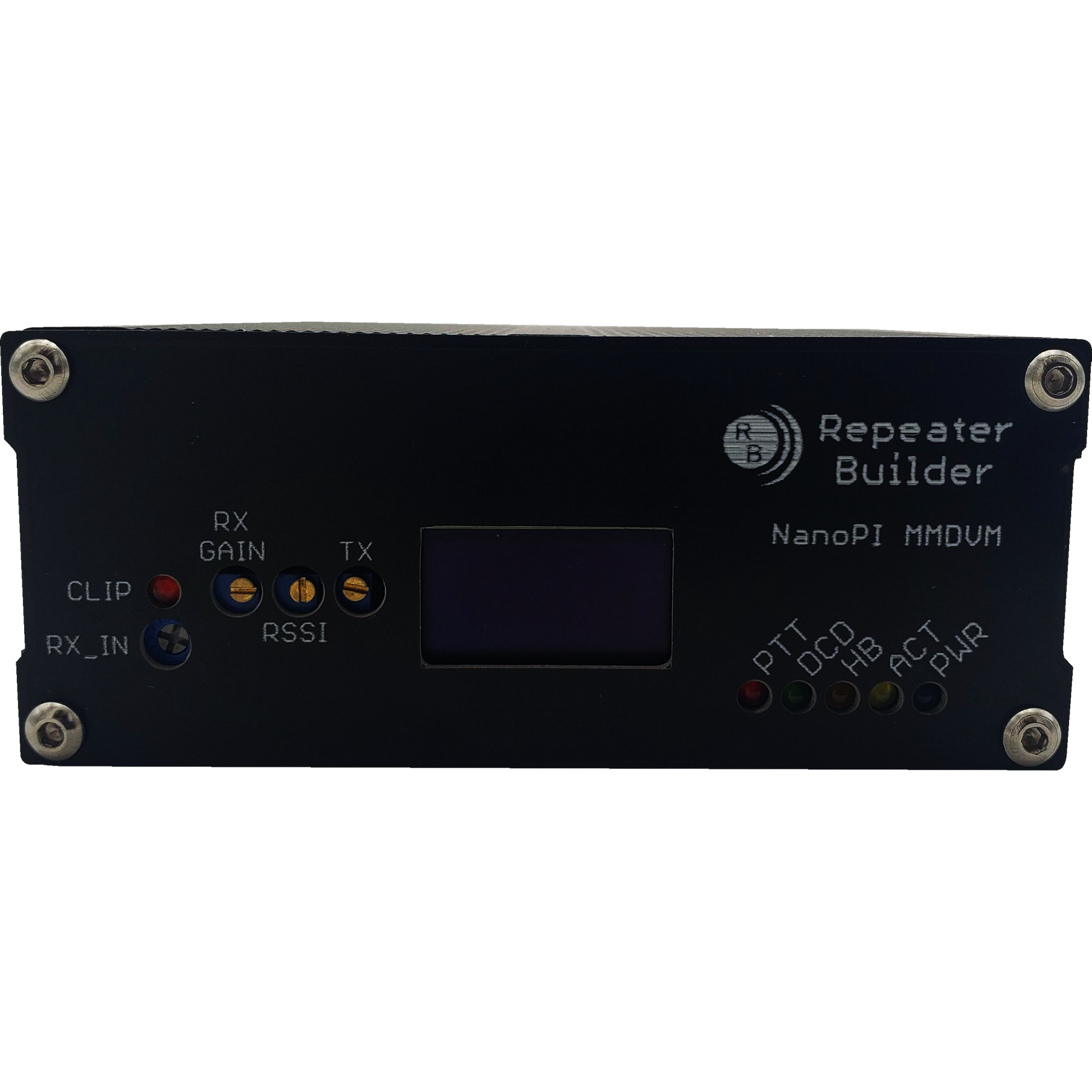 The MMDVM Assembly for BCR Repeaters is a black electronic device featuring various labels and colored indicator lights. The labels include "Repeater Builder," "NanoPi Neo," "Pi-Star," and terms like "RX GAIN," "TX," "RSSI," and "PTT." Equipped with an Allwinner H3 CPU, this device has screws at its corners along with multiple ports and indicators.