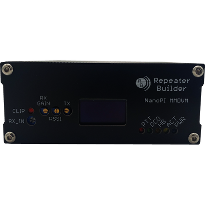 The MMDVM Assembly for BCR Repeaters is a black electronic device featuring various labels and colored indicator lights. The labels include "Repeater Builder," "NanoPi Neo," "Pi-Star," and terms like "RX GAIN," "TX," "RSSI," and "PTT." Equipped with an Allwinner H3 CPU, this device has screws at its corners along with multiple ports and indicators.