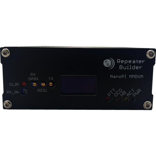 The MMDVM Assembly for BCR Repeaters is a black electronic device featuring various labels and colored indicator lights. The labels include "Repeater Builder," "NanoPi Neo," "Pi-Star," and terms like "RX GAIN," "TX," "RSSI," and "PTT." Equipped with an Allwinner H3 CPU, this device has screws at its corners along with multiple ports and indicators.