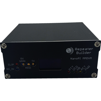 A compact, black electronic device with a screen in the center and several labeled LED indicators, including "Repeater Builder," "NanoPi MMDVM," and terms like "RX GAIN," "TX," and "RSSI." Powered by an Allwinner H3 CPU, it comes securely assembled with four corner screws. This is the MMDVM Assembly for BCR Repeaters.