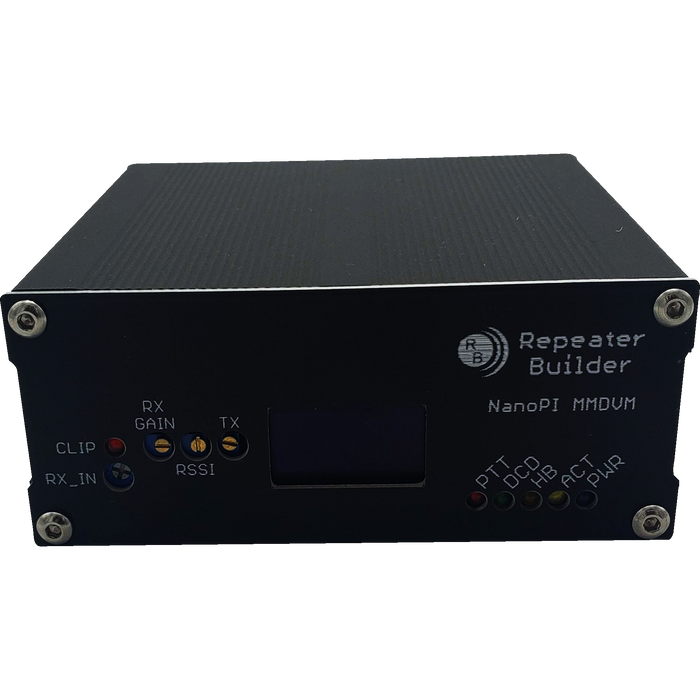 A compact, black electronic device with a screen in the center and several labeled LED indicators, including "Repeater Builder," "NanoPi MMDVM," and terms like "RX GAIN," "TX," and "RSSI." Powered by an Allwinner H3 CPU, it comes securely assembled with four corner screws. This is the MMDVM Assembly for BCR Repeaters.