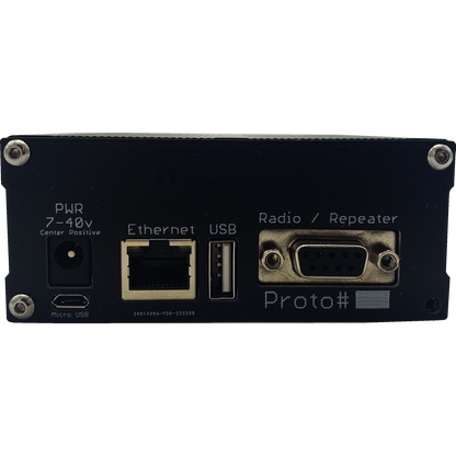 Rear view of a black MMDVM Assembly for BCR Repeaters, powered by an Allwinner H3 CPU, showing multiple ports and labels. From left to right: Micro USB, power input labeled "PWR 7-40V Center Positive," Ethernet port, USB port, and a Radio/Repeater port. The bottom right corner has text including "Proto#".
