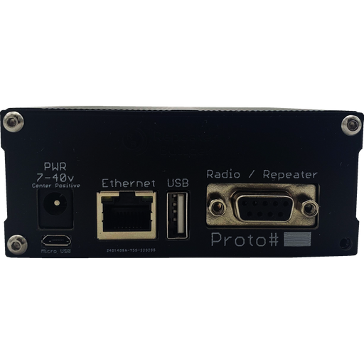 Rear view of a black MMDVM Assembly for BCR Repeaters, powered by an Allwinner H3 CPU, showing multiple ports and labels. From left to right: Micro USB, power input labeled "PWR 7-40V Center Positive," Ethernet port, USB port, and a Radio/Repeater port. The bottom right corner has text including "Proto#".