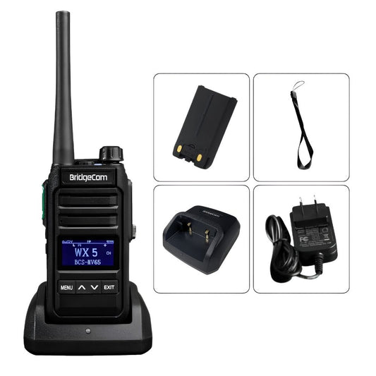 The BridgeCom MV-65 License FREE Walkie Talkie Professional Built Radio is shown in black on a charging base with its battery, wrist strap, earpiece, charging cable, and wall adapter—high RF power, no FCC license needed—all displayed on a white background.