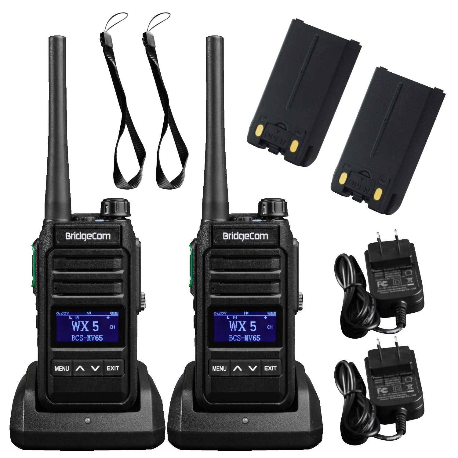 Two black BridgeCom MV-65 2-pack License FREE Walkie Talkies with antennas sit on charging bases, surrounded by 2 batteries, 2 lanyards, and 2 power adapters arranged neatly on a white background.