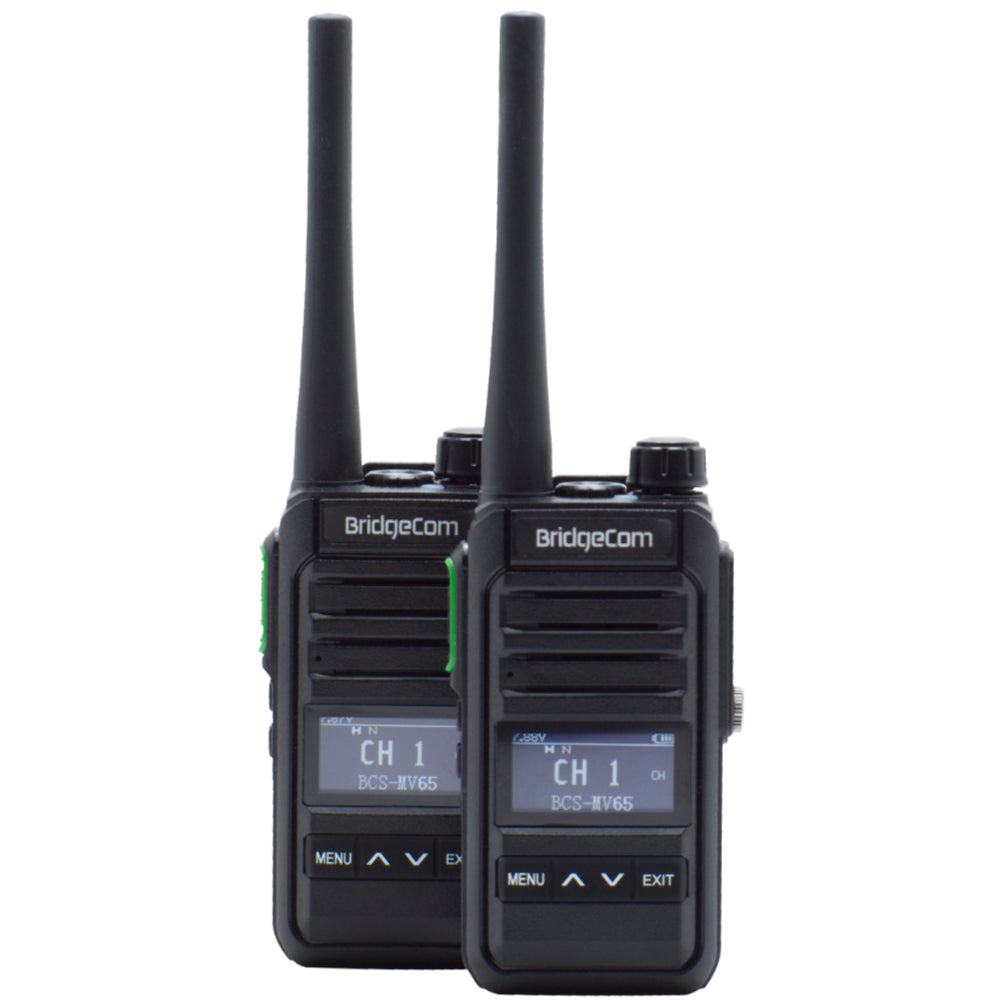 two black BridgeCom MV-65 handheld radios