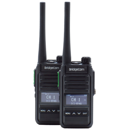 two black BridgeCom MV-65 handheld radios