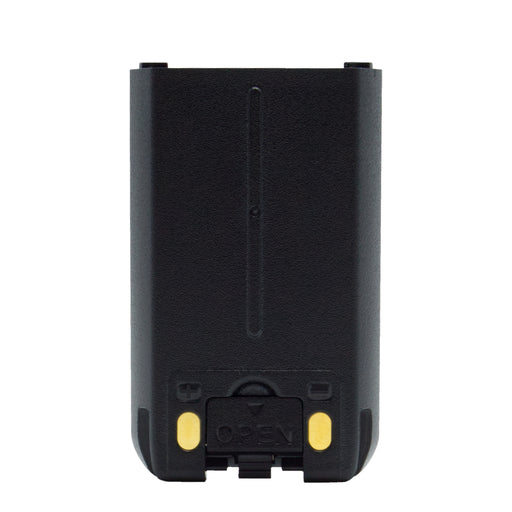 The BridgeCom BCS-MV65 MURS Radio 2000mAh Li-ion Battery is a black rectangular rechargeable battery pack featuring two gold contact points at the bottom and a small latch labeled "OPEN." The replacement battery has a textured surface and a narrow vertical line down the middle.