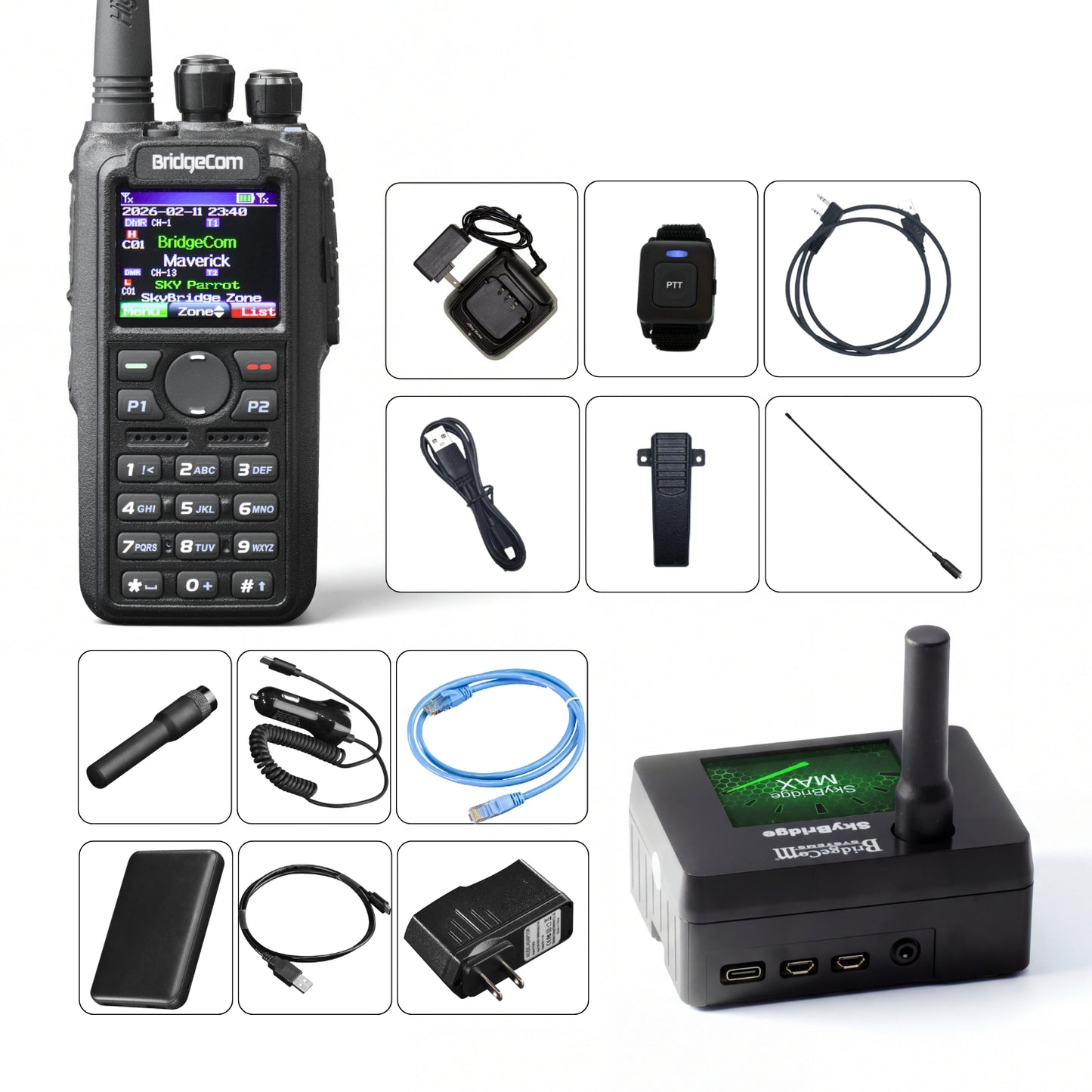 The BridgeCom Maverick DMR Plug and Play Package includes a pre-programmed DMR radio, home repeater box, charger, antennas, wrist device, lanyard, USB cable, earpiece, power adapters, and network cable on a white background.