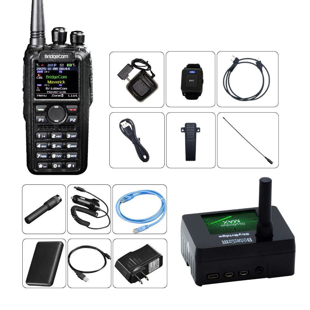 The BridgeCom Maverick DMR Plug and Play Package includes a pre-programmed DMR radio, home repeater box, charger, antennas, wrist device, lanyard, USB cable, earpiece, power adapters, and network cable on a white background.