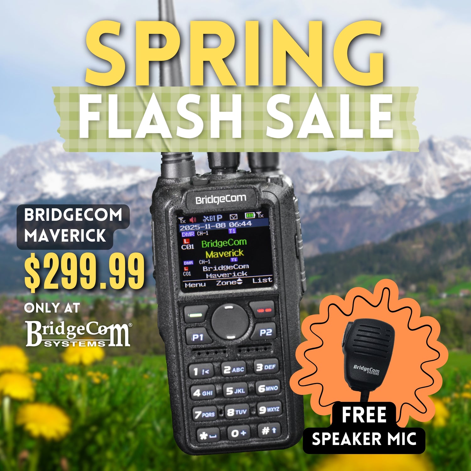 The BridgeCom Maverick Dual Band DMR/Analog Radio is pictured with its display and buttons, surrounded by graphics of bonuses: Ultra Codeplug, BridgeCom Plus membership, BCU digital book, and an exclusive DMR workshop pass.