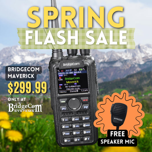 The BridgeCom Maverick Dual Band DMR/Analog Radio is pictured with its display and buttons, surrounded by graphics of bonuses: Ultra Codeplug, BridgeCom Plus membership, BCU digital book, and an exclusive DMR workshop pass.