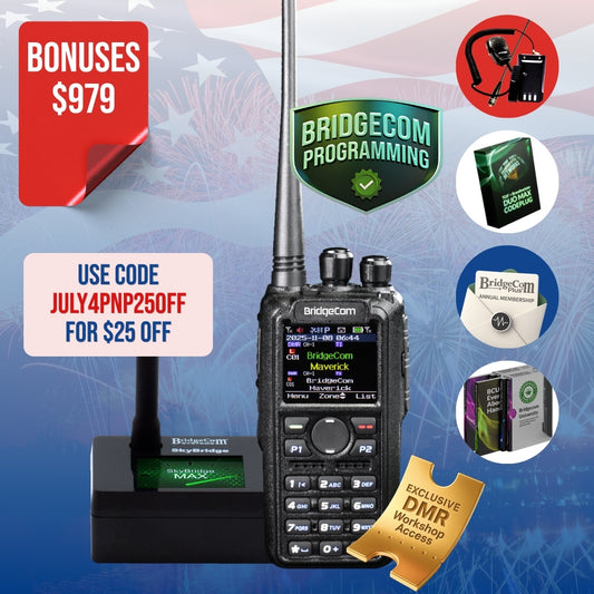 The BridgeCom Maverick DMR Plug and Play Package is featured with bonus items like manuals, workshops, a microphone, and software. A red banner says "Bonuses $979." Use promo code JULY4PNP25OFF for $25 off.