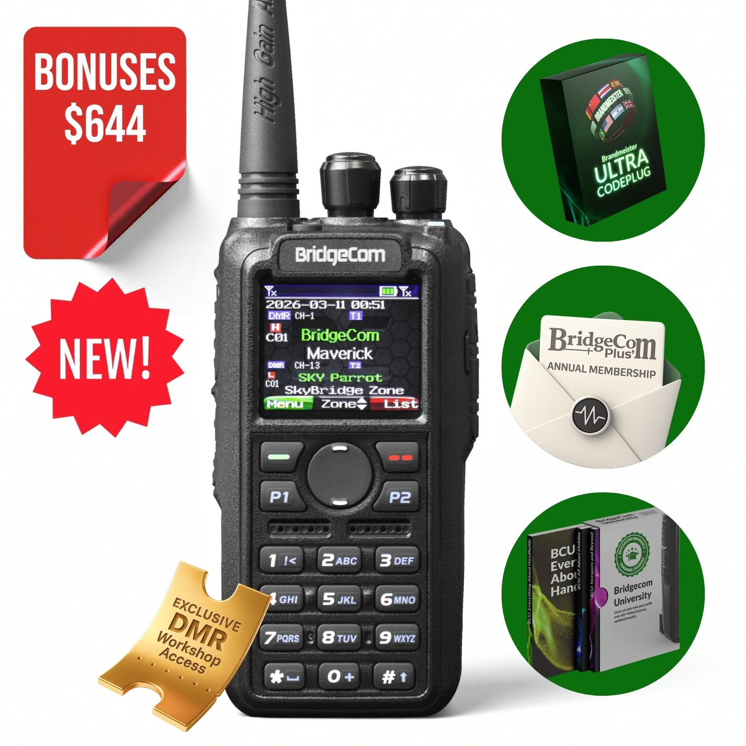 The BridgeCom Maverick Dual Band DMR/Analog Radio is shown with a long antenna next to a red "$644 Bonuses NEW!" label and images of bonus items like software, a membership card, and an app/handbook—ideal for radio enthusiasts.