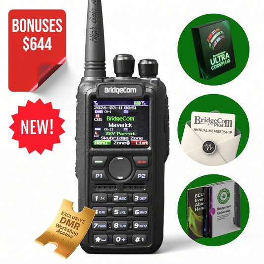 The BridgeCom Maverick Dual Band DMR/Analog Radio is shown with a long antenna next to a red "$644 Bonuses NEW!" label and images of bonus items like software, a membership card, and an app/handbook—ideal for radio enthusiasts.