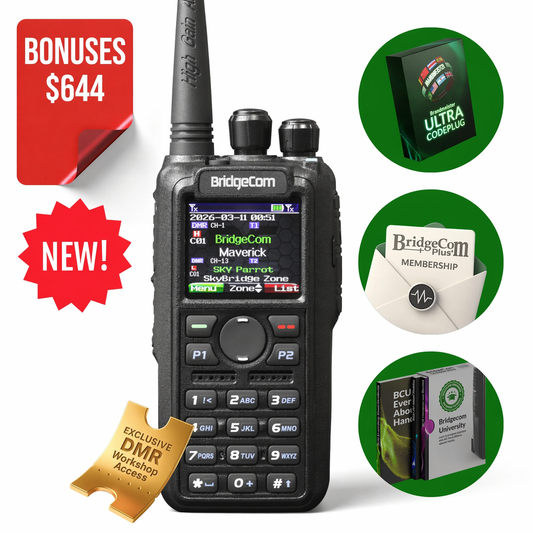 The BridgeCom Maverick Dual Band DMR/Analog Radio is pictured with its display and buttons, surrounded by graphics of bonuses: Ultra Codeplug, BridgeCom Plus membership, BCU digital book, and an exclusive DMR workshop pass.